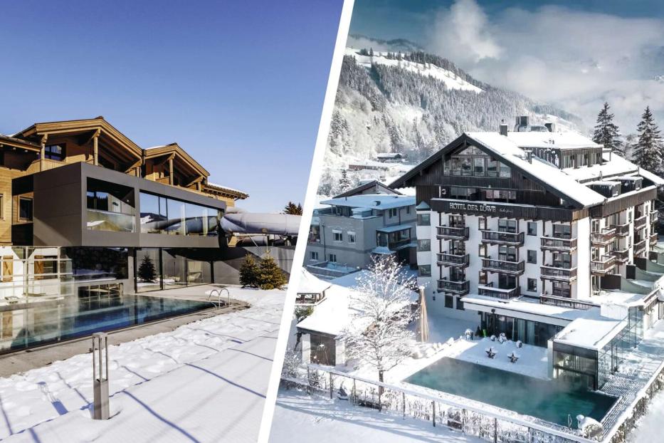 Zwei moderne Hotels mit beheizten Außenpools liegen in verschneiter Winterlandschaft in den Bergen.