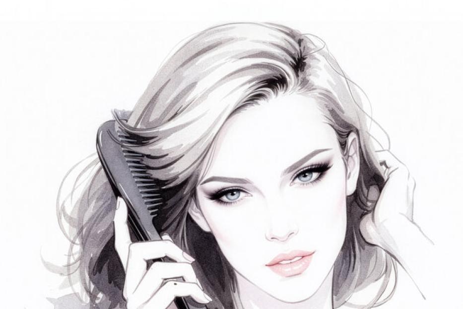 Eine Frau mit blondem Haar kämmt sich vor einem weißen Hintergrund.