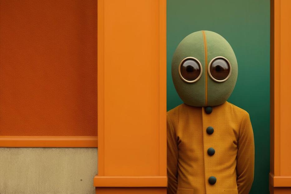 Eine Person mit großem, rundem Kopf und riesigen Augen trägt einen gelben Mantel und steht vor orange-grünem Hintergrund.