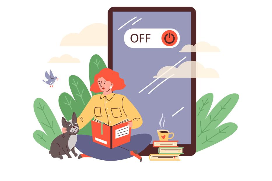 Grafik die eine Frau mit Buch und Hund und Kaffee zeigt, dahinter ein riesiges Handy, auf dem Off steht