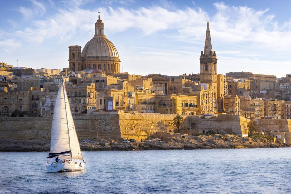 Malta - Mediterranean travel destination, Marsamxett Harbour and Valletta with Cathedral of Saint Paul