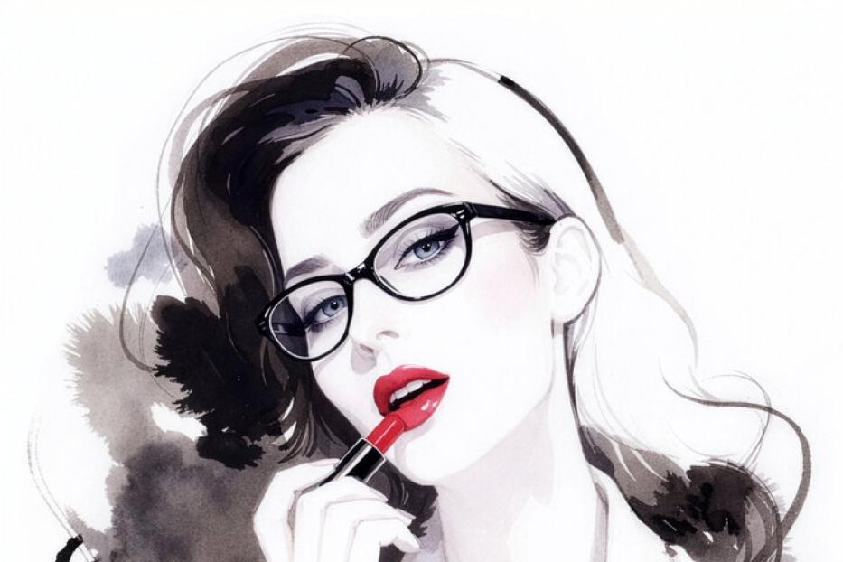 Eine Frau mit Brille und rotem Lippenstift schminkt sich vor einem Videoanruf.