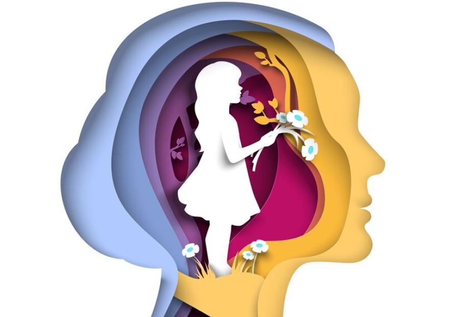 Little girl inside head of woman papercut vector illustration
