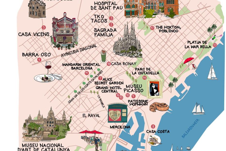 Eine Landkarte von Barcelona mit vielen Sehenswürdigkeiten