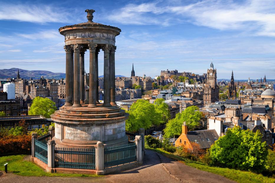 Dugald Stewart Monument and view over historic Edinburgh from Calton Hill, Scotland, UK
