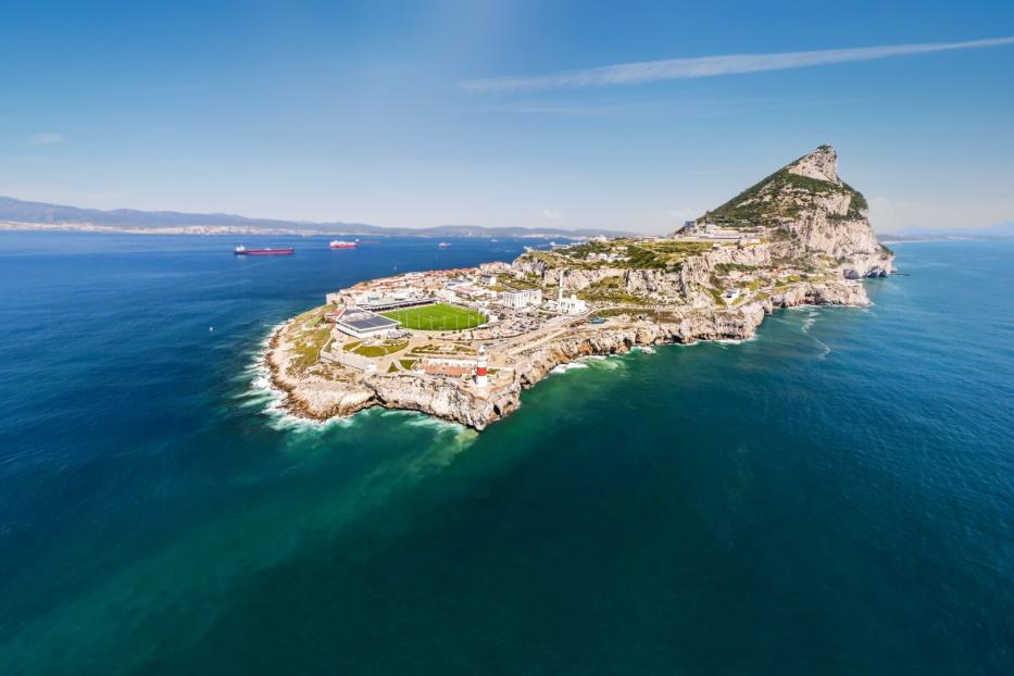 Spectacular,View,Of,Gibraltar,Peninsula,With,Soccer,Field,Surrounded,By