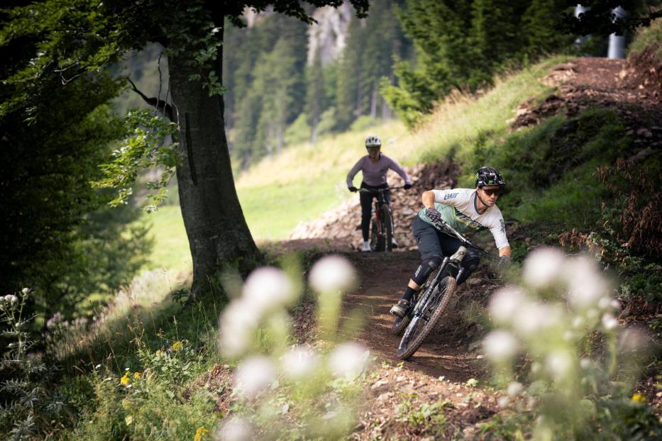 Zwei Mountainbiker fahren auf einem Waldweg, der vordere trägt Helm und Schutzkleidung, im Vordergrund unscharfe Blüten.