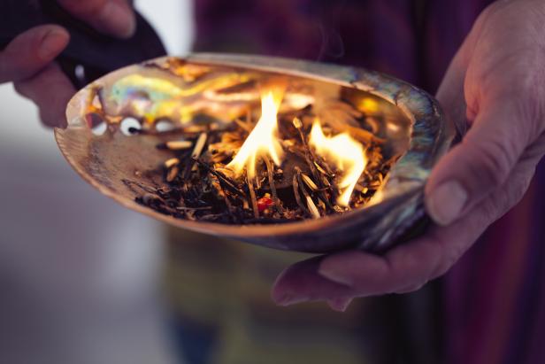 healing ceremony: burning incense in a shell