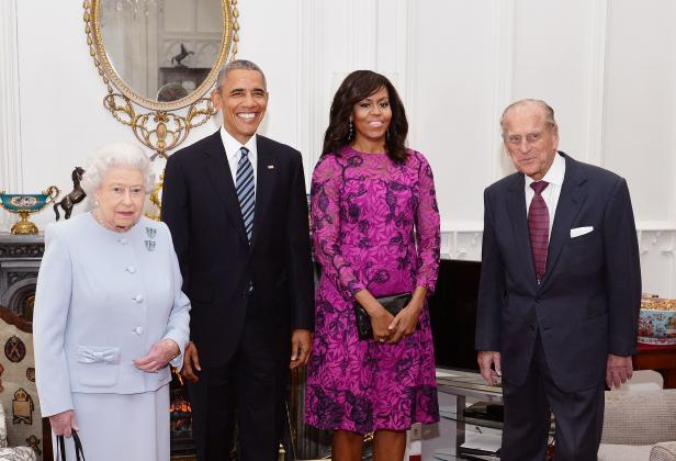 FILE PHOTO: Britain's Queen Elizabeth II and the Duke of Edinburgh stand with the President and First Lady of the United States Barack Obama and his wife Michelle (both centre), in the Oak Room at Windsor Castle