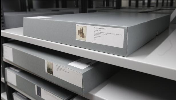 Graue Archivboxen mit Etiketten, darunter Albrecht Dürers "Feldhase" von 1502, stehen in einem Regal.