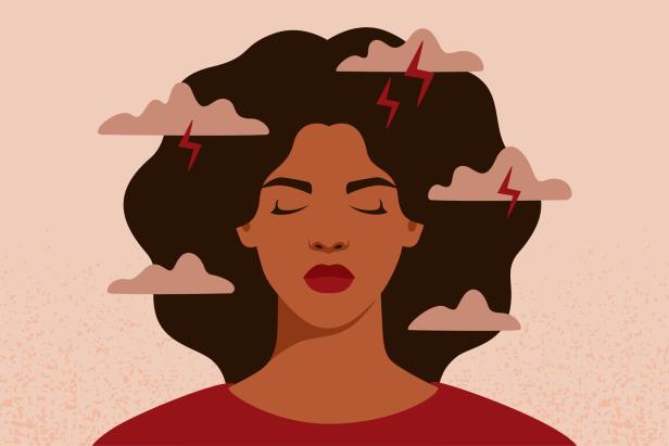 African American woman feels anxiety and emotional stress. Depressed black girl experiences mental health issues.