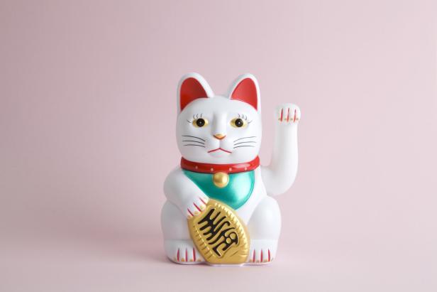 Eine weiße asiatische Winkekatze hebt ihre linke Tatze zum Winken: Maneki-neko lockt Geld, Glück oder Kundschaft an  