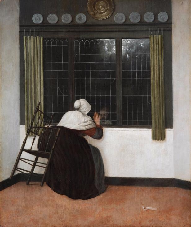 Ein altes Gemäldevon  Jacobus Vrels, es heißt „Frau am Fenster winkend“ (ca. 1650). Eine Frau mit Kopftuch sitzt vorm Fenster und winkt einem Kind, das zu ihr von draußen hereinsieht  