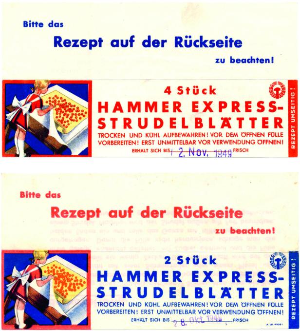 Der Verpackung der Hammer Express-Strudelblätter: Eine junge Frau scheint sich auf der Verpackung mit dem Backen leicht zu tun.