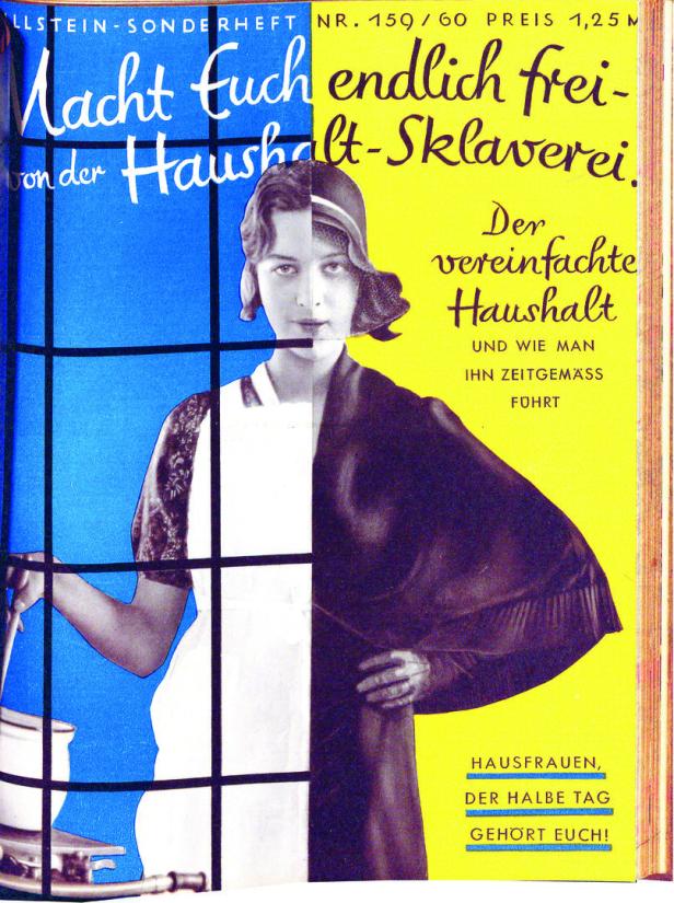 Das Cover eines Haushaltssheftes. Es zeigt eine Frau, die auf der einnen Seite am Herd steht, und auf der anderen Seite wie eine empanzierte Frau der 1920er angezogen ist - und bereit fürs Ausgehen ist.