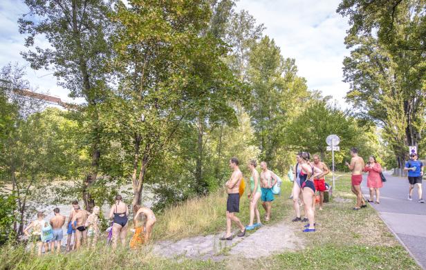 Eine Böschung hinunter zum Donaukanal. Es warten Menschen in Badekleidung, dass sie ins Wasser können. Im Hintergrund laufen Jogger vorbei