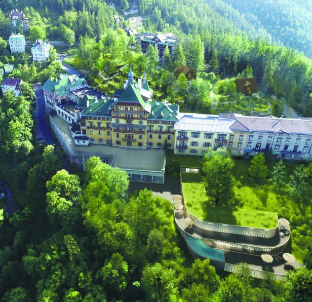 Aus den Hügeln um das Südbahnhotel ragen - visualisiert - die Zubauten. Sie sind teilweise begrünt.