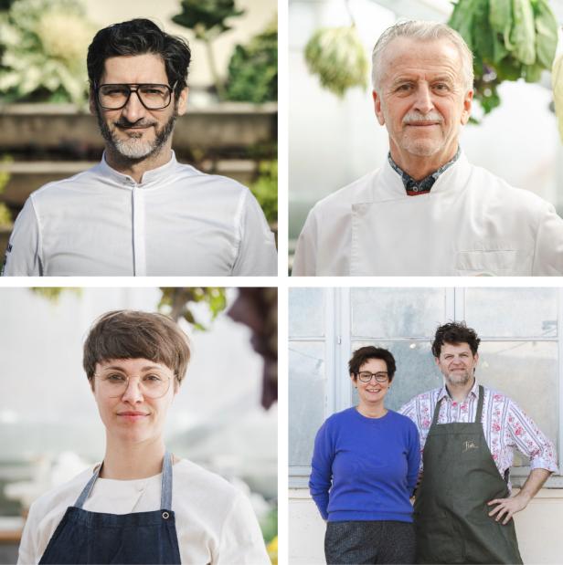 Die Spitzengastronomie hat beim Wintererntedank „Snow Food“ durch ihre Kochkunst geadelt: Paul Ivić (oben links), Johann Reisinger, Rebecca Clopath, Josef Floh mit Elisabeth Floh