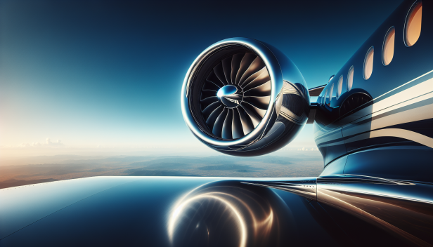 Ein Jet-Triebwerk ist im klaren Himmel sichtbar.