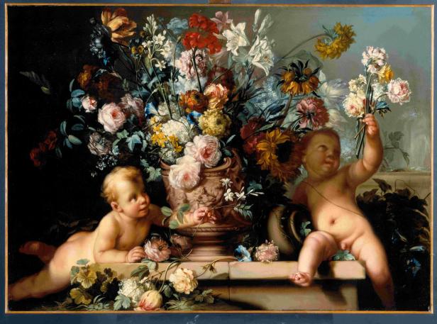Ein Gemälde eines Blumenstraußes mit zwei Babys, die die Blumen bewundern. 