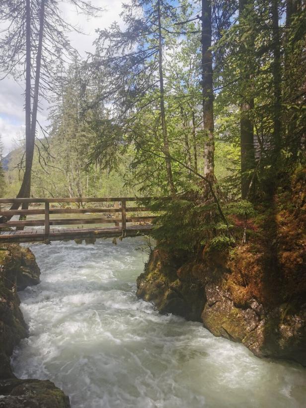 Eine hölzerne Brücke überspannt einen reißenden Fluss im Wald.
