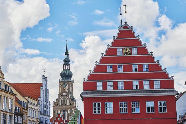Cityscape of the historic market square of Greifswald.
