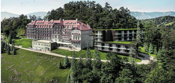 Computerplan. Neben dem alten Kurhaus entstehen Zubauten, die teils mit Grad begrünt sind.