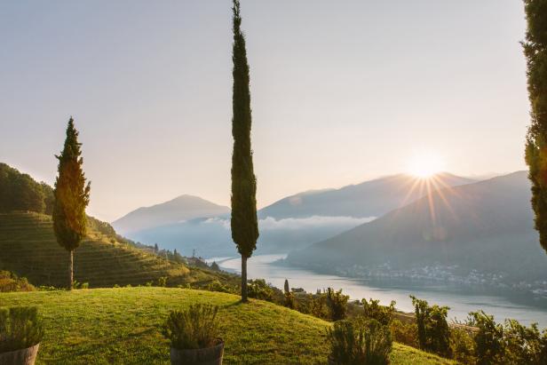 Blick über grüne Hügel mit Zypressen auf einen See und Berge im Morgenlicht.