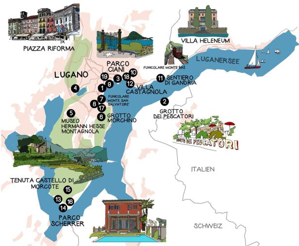 Eine illustrierte Karte der Region Lugano mit verschiedenen Sehenswürdigkeiten.