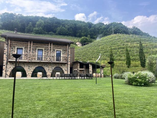 Das Castello di Morcote liegt inmitten einer grünen Landschaft mit Weinbergen.