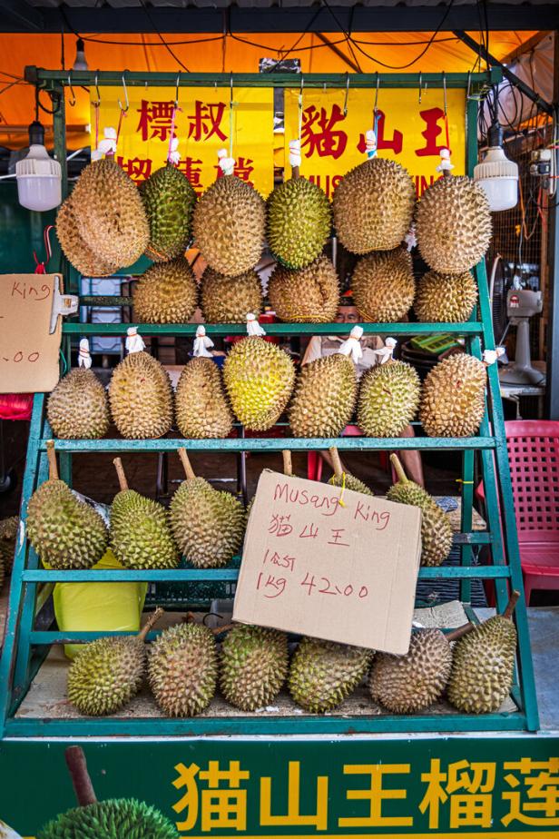 Durian fruits, Durio zibethinus for sale at a market