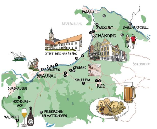 Eine illustrierte Karte der Region zwischen Burghausen und Engelhartszell mit Sehenswürdigkeiten und typischen Speisen.