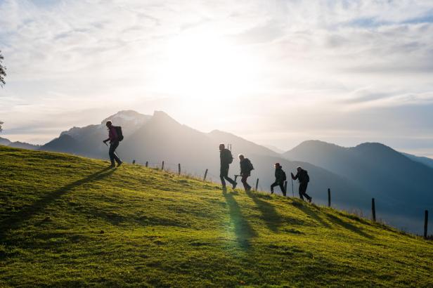 Wanderer gehen einen Hügel hinauf, über Almwiesen, Berge im Hintergrund