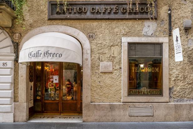 The ancient Caffe Greco along Via Condotti in the Piazza di Spagna district in the historic heart of Rome The ancient Caffe Greco along Via Condotti in the Piazza di Spagna district in the historic heart of Rome