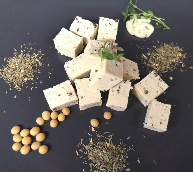 In Würfel geschnittener Tofu aus dem Waldviertel auf einem dunklen Teller schön garniert
