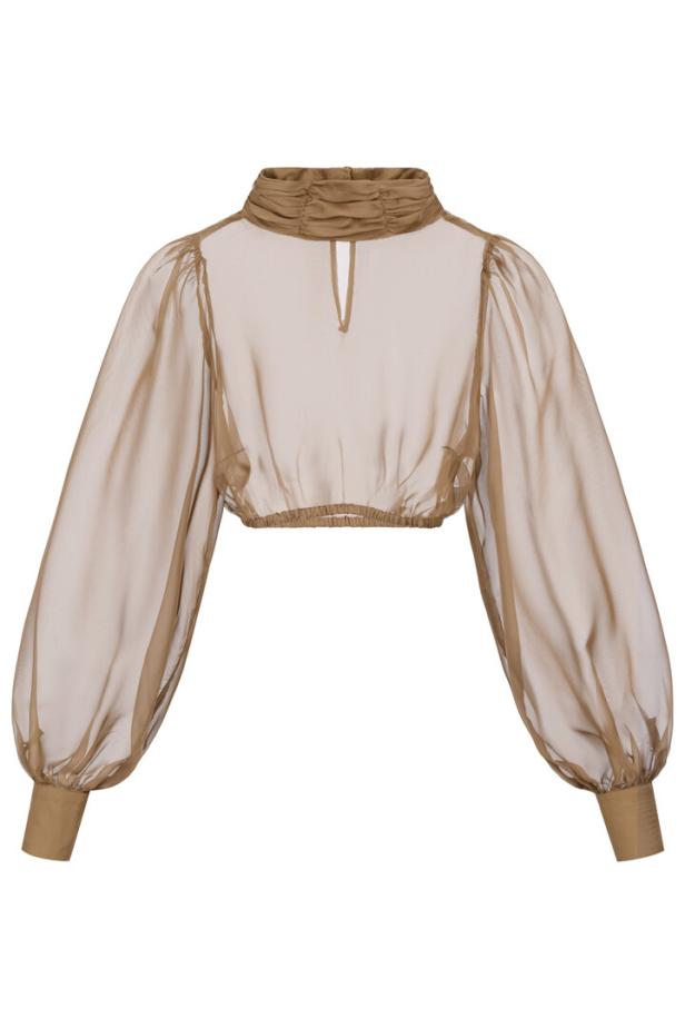 Eine transparente, hellbraune Bluse mit Stehkragen und langen Ärmeln.