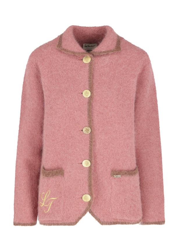 Eine rosa Strickjacke mit goldenen Knöpfen und braunen Akzenten.