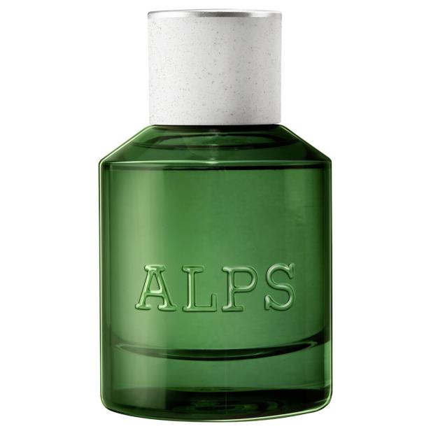 Ein grüner Flakon mit der Aufschrift „ALPS“ und einem weißen Verschluss.