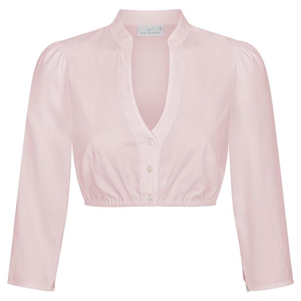 Eine hellrosa Trachtenbluse mit langen Ärmeln und Knopfleiste.