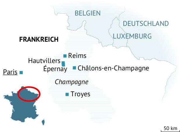 Karte mit wichtigen Orten der Champagne.