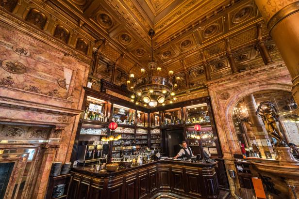 Decorated interior of the bar in the hotel lobby of Le Metropole, a 5 star luxury hotel Brussels Old Town - Belgium - 07