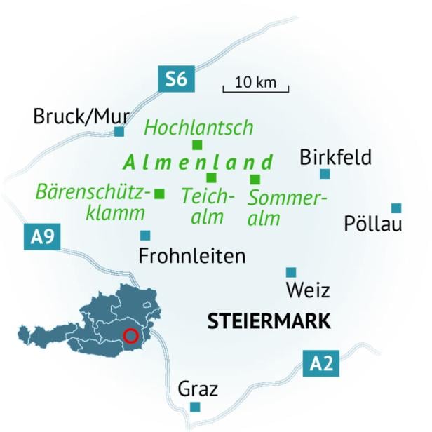 Eine Karte des Almenlandes in der Steiermark mit Ortsnamen und Straßen.