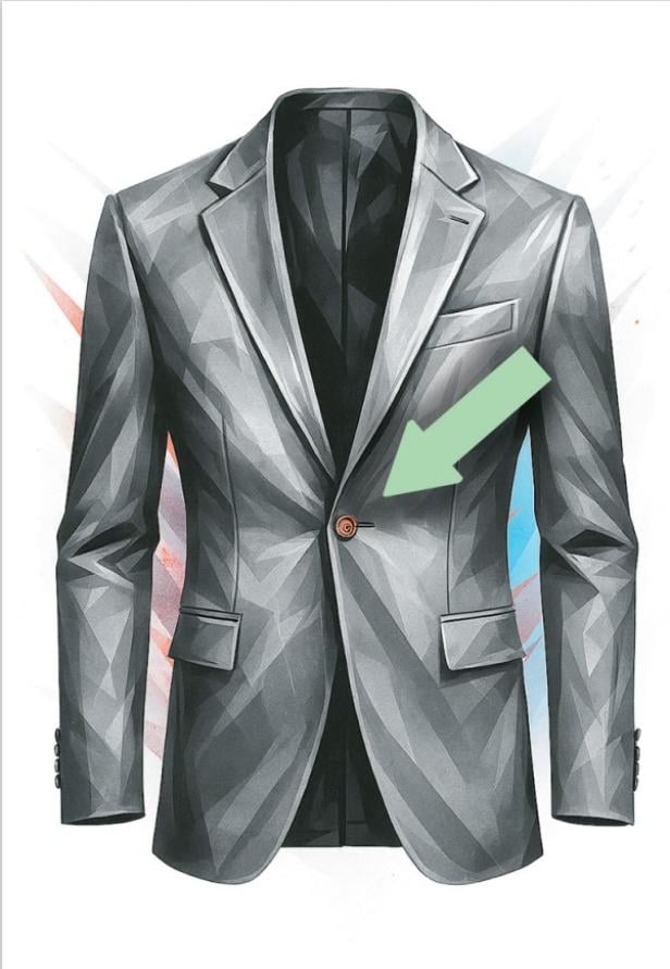 Sakko mit einem Knopf, der geschlossen ist. Pfeil zeigt auf den einen Knopf