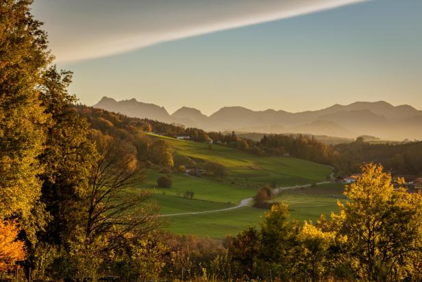 Landschaft mit grünen Wiesen, herbstlich gefärbten Bäumen und Bergen im Hintergrund unter blauem Himmel mit Wolkenstreifen.