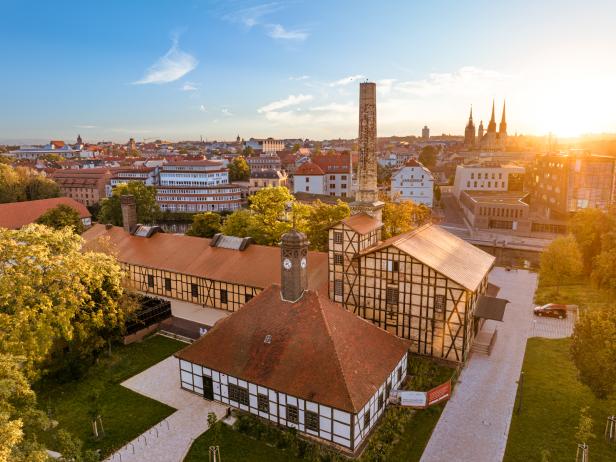 Historisches Salinenmuseum in grünem Umfeld eingebettet, im Hintergrund ist die Altstadt von Halle zu sehen.