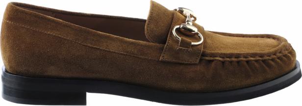 Mokassins aus der Silvia Schneider x Humanic Kollektion Braune Rauleder Mokassins mit goldener Hardware