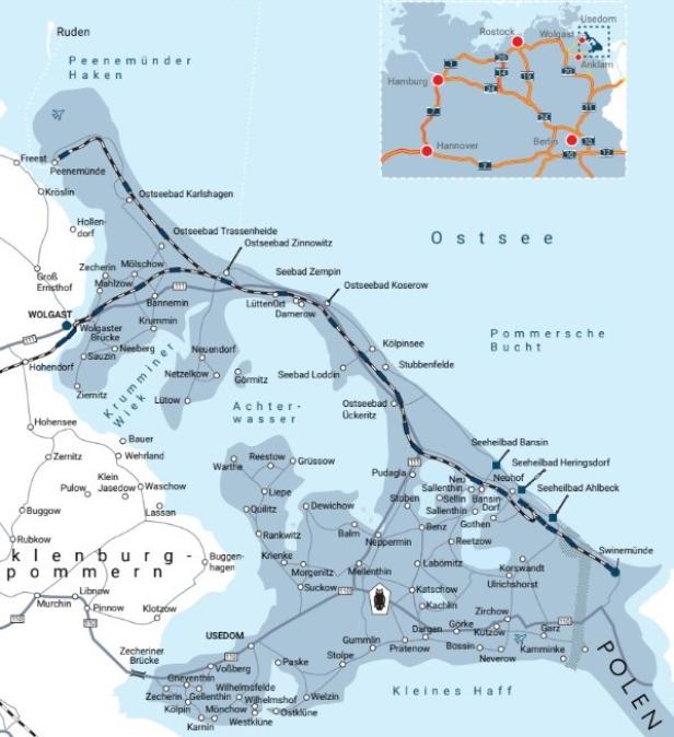 Landkarte der Insel Usedom mit Ostsee, Achterwasser, Stettiner Haff und angrenzenden Orten in Deutschland und Polen.