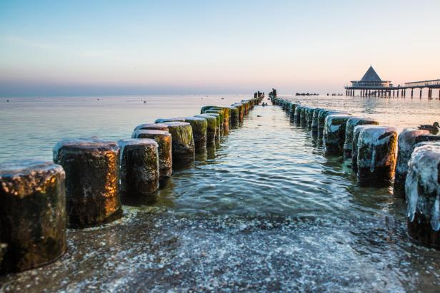 Seebrücke Heringsdorf im Winter mit vereisten Holzpfählen im Wasser.