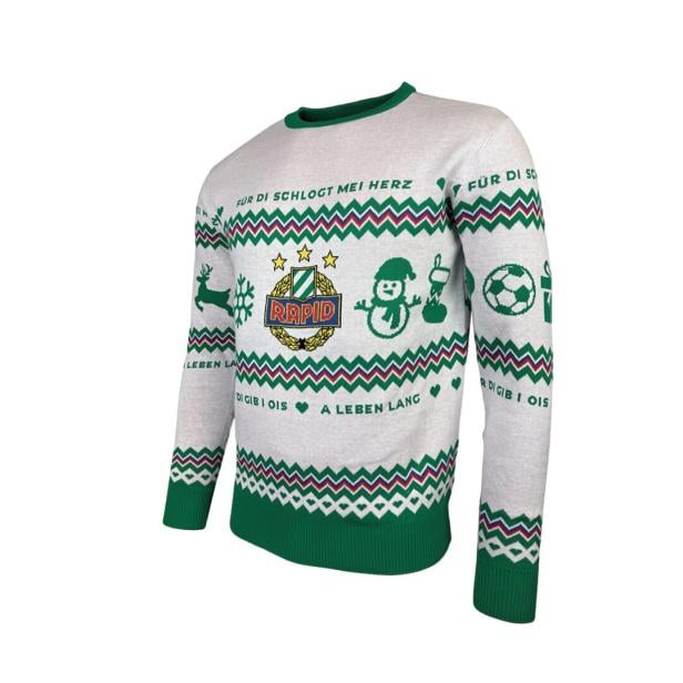 Weiß-grüner Pullover mit Rapid-Logo, weihnachtlichen Motiven wie Schneemann, Rentier und Fußball sowie grünem Kragen und Bündchen.