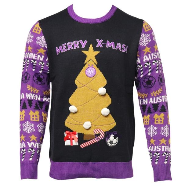 Ein schwarzer Weihnachtspullover mit goldenem Weihnachtsbaum, "Merry X-Mas!" Schriftzug und lila Ärmeln mit Austria Wien Motiven.